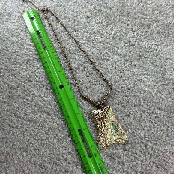 Green & Bronze Pendant Necklace Textured Metal Design on Chain 18 Inches Long - Picture 6 of 16